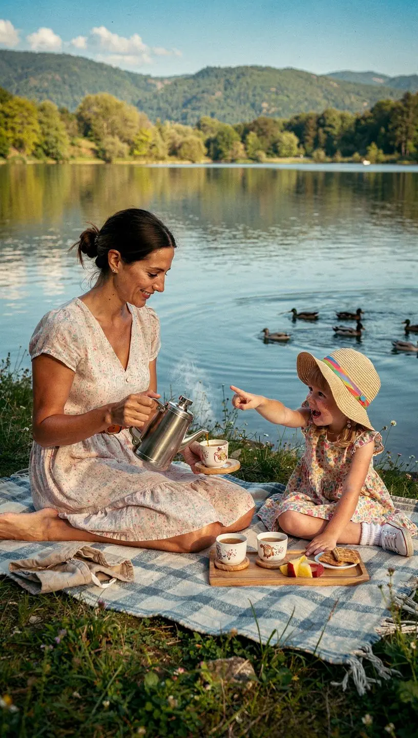 Tradičné slovenské čajové obradové náčinie, vrátane čajníka a šálok, na stoloch.