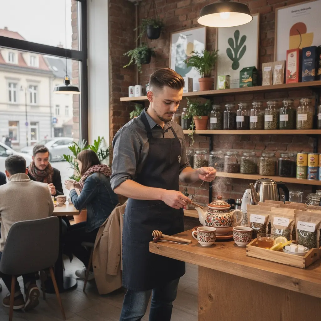 Súbor rôznych bylinných čajov, zobrazený na drevenom stole s prírodnými dekoráciami.
