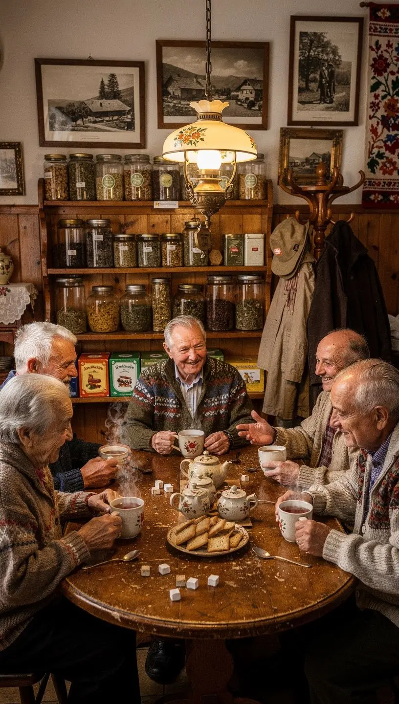 Zátišie s pohárom voňavého čaju a čerstvými bylinkami, zasadené v prírodnom prostredí.