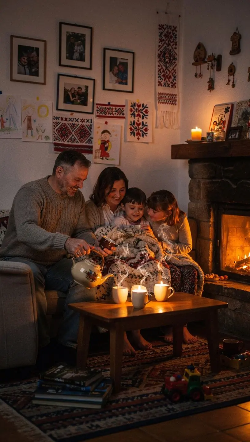 Deti a dospelí, ktorí si spolu vychutnávajú čajový obrad v záhrade plnej kvetov.