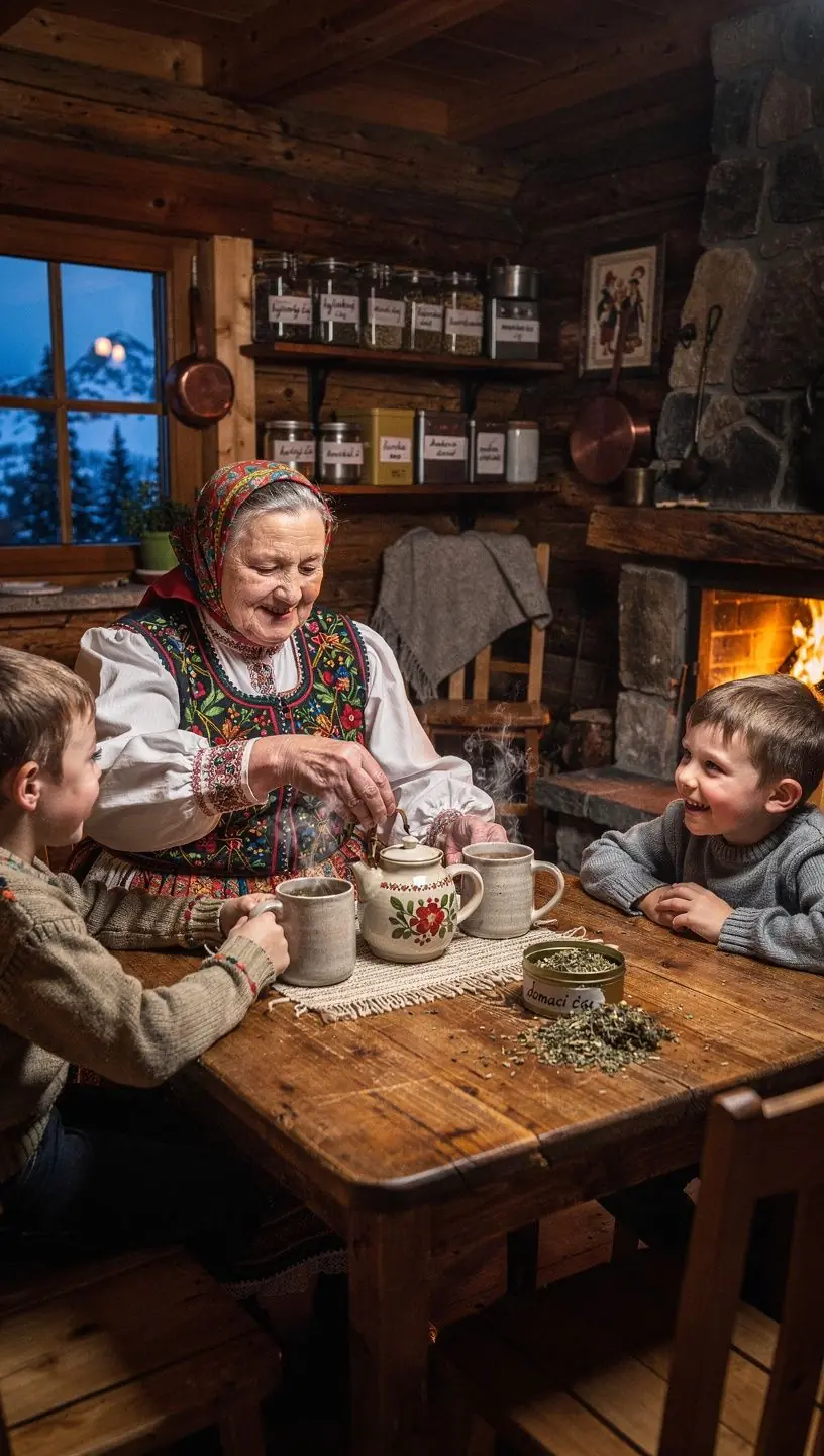 Tradičný čajový rituál s rodinou pri stole.